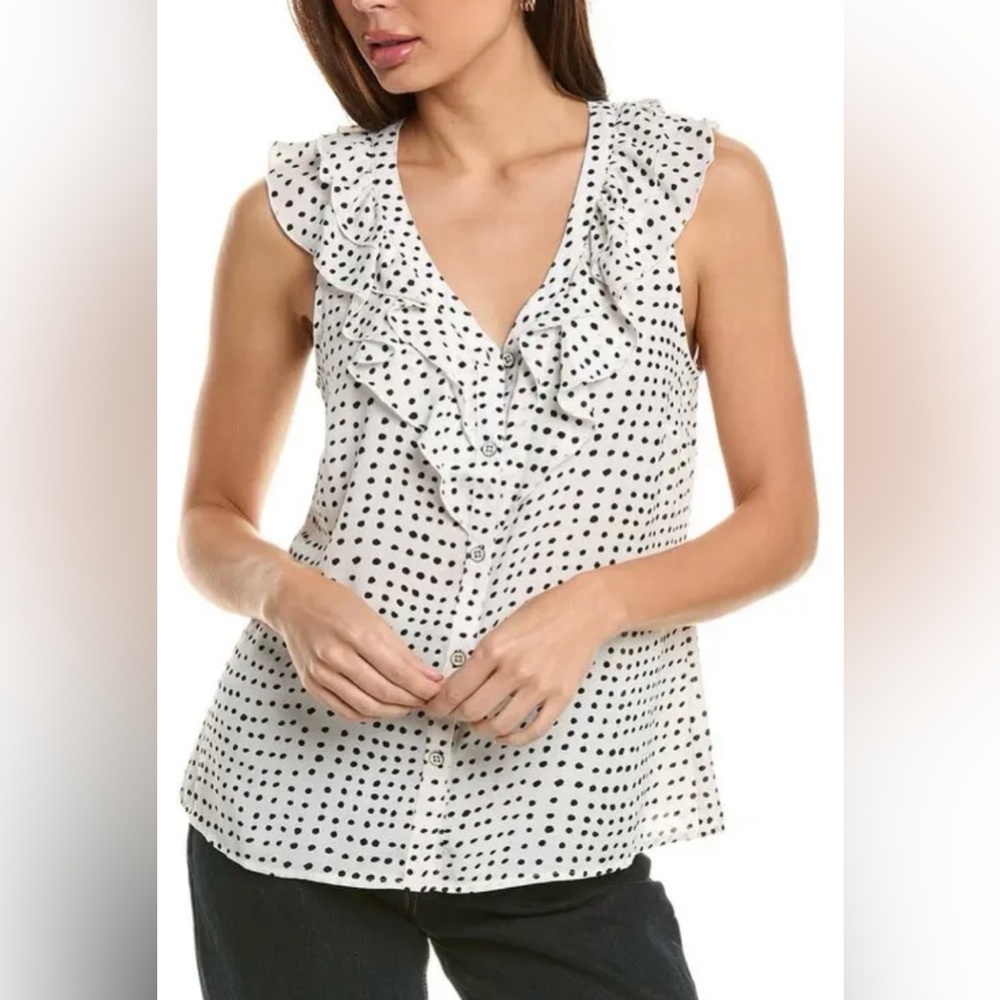 CAbi White Sleeveless Ruffled Polka Dot Button-Down Light Summer Chiffon Top